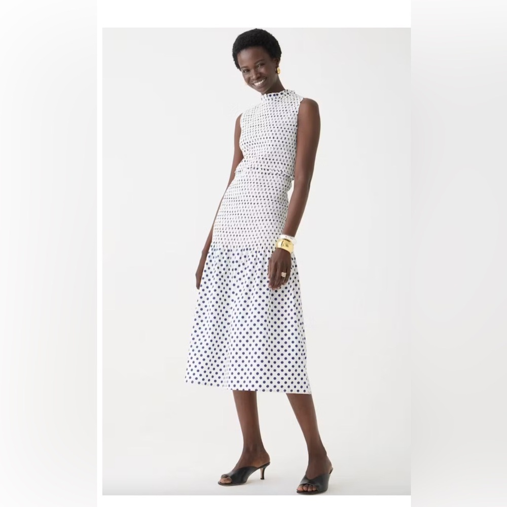 J. Crew Smocked Cotton Poplin Drop-waist Dress Dot Print Size Small